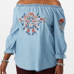 FLORAL EMBROIDERY CHAMBRAY TOP